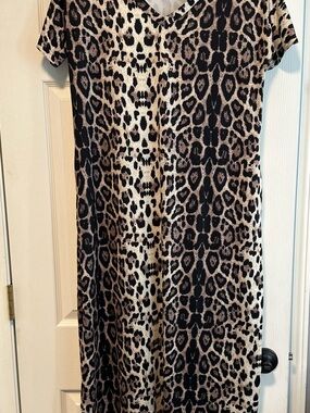 Huskary Leopard Print Maxi Dress V-Neck Short Sleeve Casual Loungewear Size L